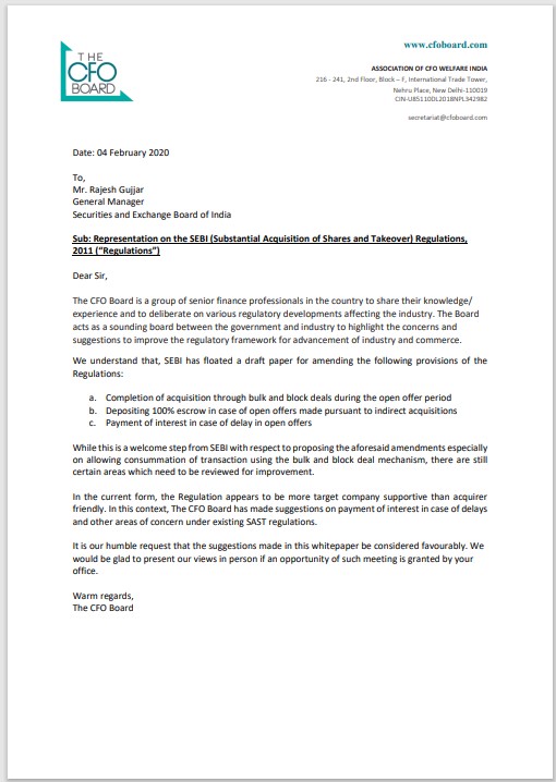 The CFO Board's Representation to SEBI